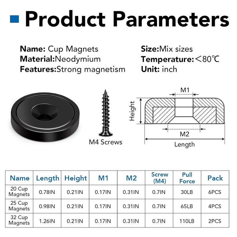 LOVIMAG Strong Neodymium Cup Magnets, 3 Sizes, 12Pcs Black Heavy Duty with Countersunk Hole and Screw for Wall Mounting, Holding Tools, Lifting, Fridge, Cabinet - Image 2